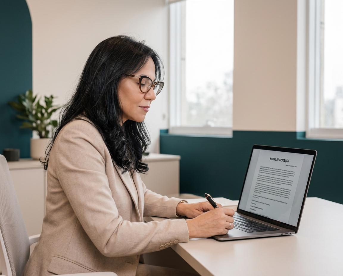 Miriam Oliveira estudando um edital de licitação no computador